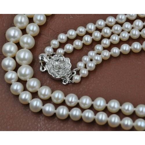 Stunning 5-8mm round white real natural Pearl Necklace Rose flower clasp