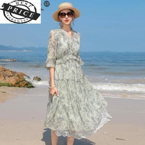 100% High Quality Silk Summer Dress 2021 Elegant Floral Dresses for Women Midi Beach Dress Korean Fashion Vestidos LWa022