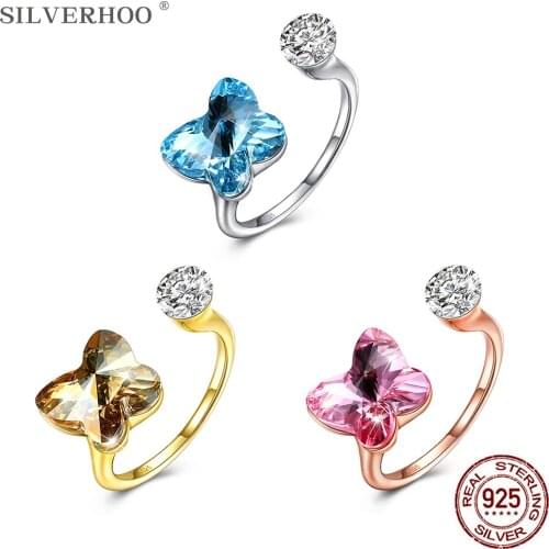 SILVERHOO 925 Sterling Silver Rings For Women Romantic Butterfly Shaped Adjustable Opening Austria Crystal Cubic Zirconia Ring