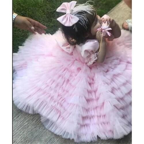 Cute Pink Tiered Flower Girl Dresses Soft Tulle Baby Birthday Party Ball Gown Toddler Holiday Dancing Celebration Wears