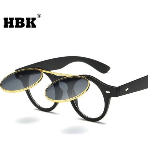 HBK Vintage Round Punk Flip Up Sunglasses Men Women Brand Designer Classic Double Layer Clamshell Small Punk Sun Glasses UV400