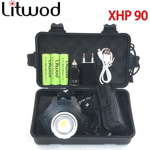 Litwod Super Bright XHP90 LED Headlight Aluminum Waterproof Headlight Fishing Headlight Hunting Headlight 3*18650 Battery 30W