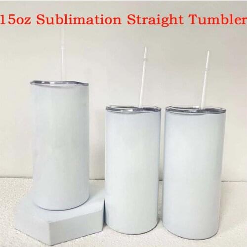 15oz DIY Sublimation Straight Tumbler White Blank Stainless Steel With Sealed Lids And Straw Thermos Insulated Water Bottle