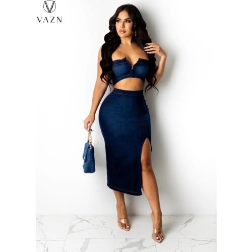 VAZN 2021 New Arrival Sexy Strapless Set Summer Boho Backless Top Maxi Skirts High Waist Skinny Women 2 Piece Set