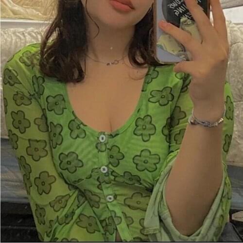Y2K Aesthetics Mesh Buttons Flare Sleeve Crop Tops Harajuku Floral Print Green T-shirt 90s Women Vintage Clothes Summer Tee