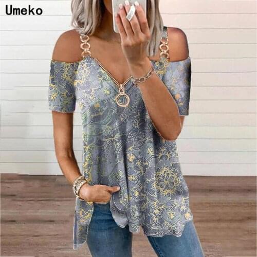 2021 Women Summer Fashion Plus Size Flowers Sling Off-shoulder Sleeves Zip Front Top Casual T-shirt Metal Ring Decoration Loose
