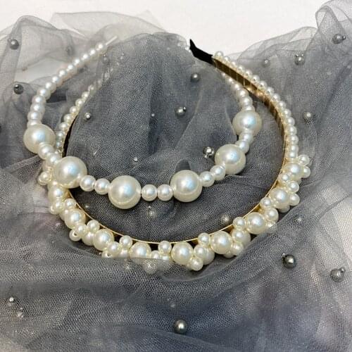 Elegant White Small Large Pearl Women Headbands Retro Handmade Hairbands Korean Party Headwear Head Hoop Band Turban