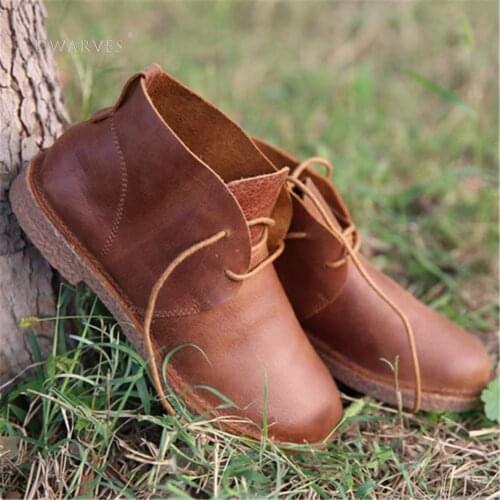 Handmade WomenS Calf Leather Booties Round Toe Lace-Up Flat Shoes Ankle Boots Brown/Khaki/Coffee