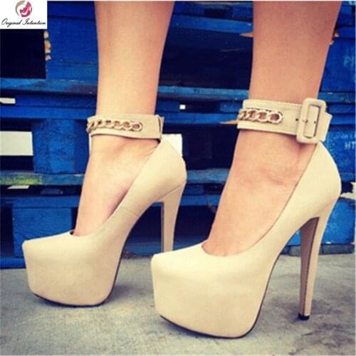 Original Intention Elegant Woman Metal Chain High Platform Beige Pumps Woman Stiletto Heels Round Toe Charm Pumps Female 4-15