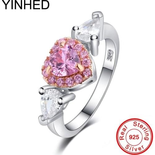 YINHED Genuine 925 Sterling Silver Wedding Rings for Women Pink Heart AAA Cubic Zirconia Engagement Ring Bridal Jewelry ZR473