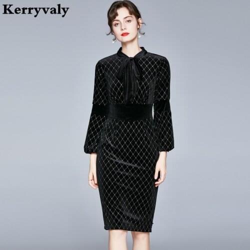 Winter Black Velvet Long-sleeved Midi Bodycon Dress Women Plaid Party Ladies Dresses Dames Jurken Robe Hiver Femme K6621