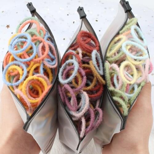 100Pcs/Bag New Plush Rubber Band Girl Cute Colorful Soft Elastic Hair Band Headdress Baby Nylon Hair Ring Fashion Hair Accessory