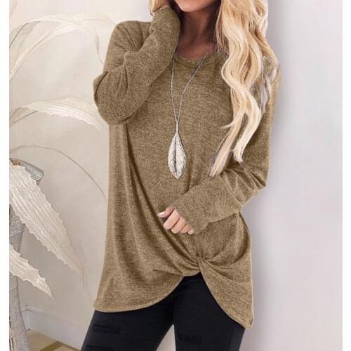 40# Round Neck Solid Color Blouses Shirt Women Casual Twisted Long Sleeve Top Tee Shirt Loose Casual Women Shirt Блузка Женская