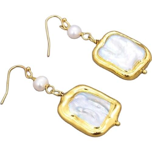 GG Jewelry Natural White Square Keshi Pearl Gold Color Glated Hook Earrings Handmade For Women