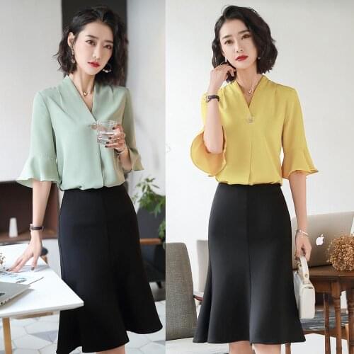 Fashion Office Ladies Work Blouses for Women 2 Piece Skirt and Top Sets Summer V-neck Half Sleeve New Arrival