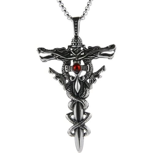 Mens Cool Punk Double Dragon Cross Sword Pendant Necklace,Stainless Steel Unique Biker Necklace,23 " chain