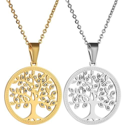 New Fashion Rhinestone Tree of Life Pendant Necklace Crystal Round Necklace Hollow Out Statement Jewelry Men Women Gift
