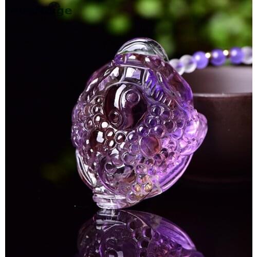 Wholesale Purple Yellow Natural Crystal Pendants Hand Carved Gold Toad Sweater Chain Necklace Lucky Transfer for Women Jewelry