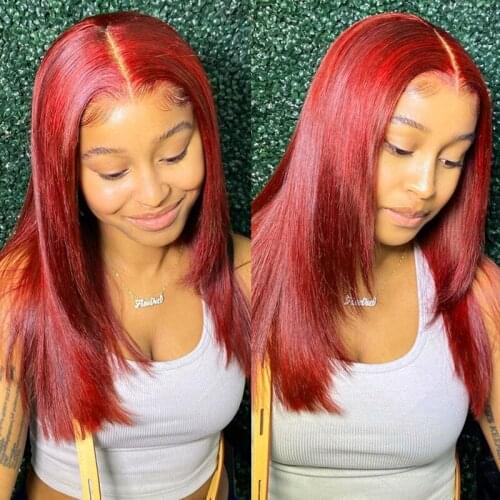 Red Color Lace Front Human Hair Wigs Straight Brazilian Remy Closure Wig For Women Bleached Knots Pre Plucked T Part Lace Wig