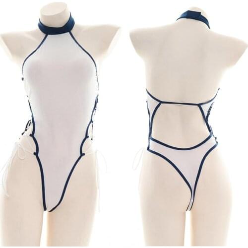 Sexy Lolita Side Bandage Cheongsam Sukumizu Jumpsuits Maids Hollow Halter Backless Bikini One Piece Pajamas Swimsuit Underwear