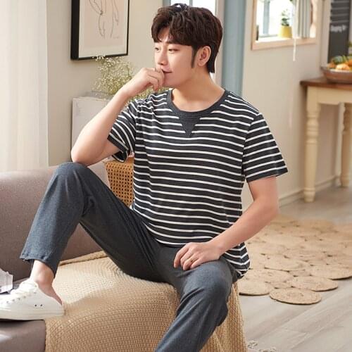 Short sleeve Male Pajamas Sets Fashion Plaid Mens Cotton Homewear summer Casual Loose PJs Sleepwear T Shirt Trousers 2 Piece Set