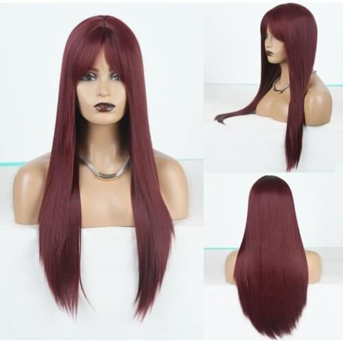 Straight Wig with Bangs Full Machine Made High Quality Synthetic Wig for Women Dark Wine Color High Tembreture
