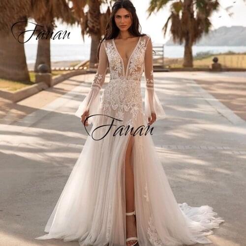 Sexy Deep V-Neck Wedding Dress Boho Side High Slit Lace Appliques See-Through A-Line Tulle Bridal Gown robe de soirée de mariage