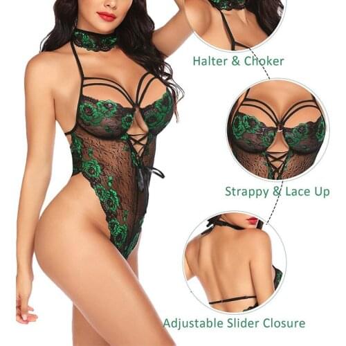 Sexy Lace Transparent Bodysuit Women Plus size Sleeveless Teddy Jumpsuits Body Contrast lace Jumpsuit With Collar S-XL