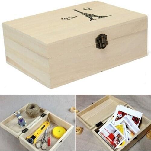 Retro Storage Box Natural Wooden With Lid Golden Lock Postcard Home Organizer Handmade Craft Jewelry Case Wedding Gift