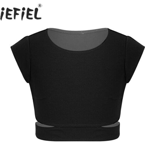 Kids Girls Crop Top Cap Sleeves Cut Out Waist Tanks Bra Tops for Dance Costume Gymnastic Leotard Shirt Sport Workout Activewear