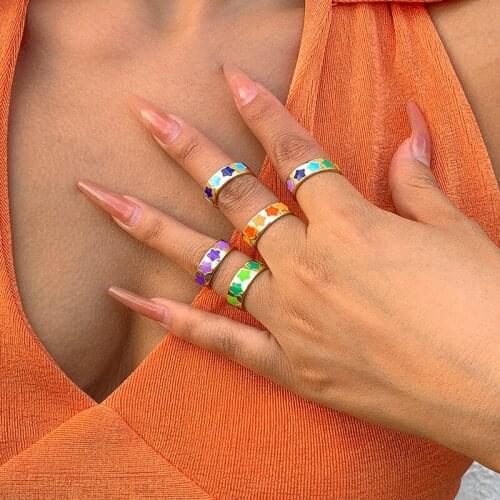 TAUAM Vintage Boho Colorful Star Enamel Ring For Women Girls Drip Glaze Star Metal Finger Rings Trendy Jewelry