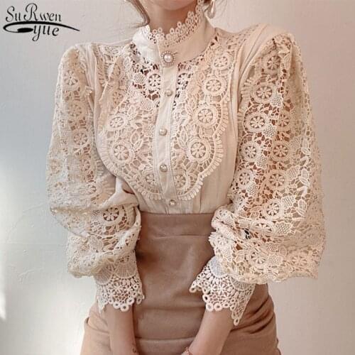 Chic Button Hollow Out Flower Lace Patchwork Shirt Stand Collar All-match Femme Blusas Petal Sleeve Women Blouses 12419