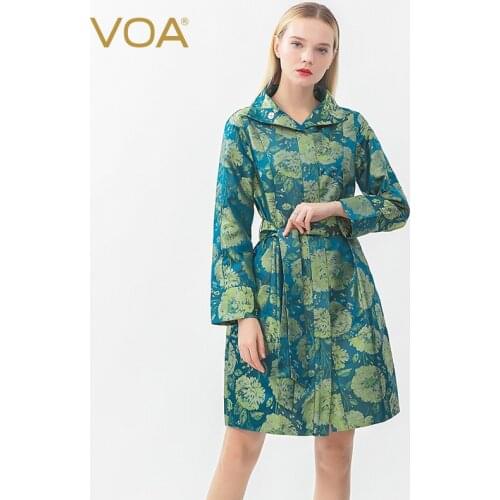 VOA Silk Jacquard Trench Coat Women Floral Printed Belt Vintage Rococo Elegant Ladies Windbreaker Long Sleeve Outerwear F307