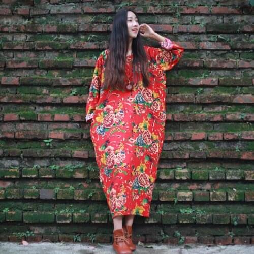 Women Autumn blue and white porcelain Print Dress Ladies Floral Print China Dress National Multi Color Loose Plus Size Maxi Fall