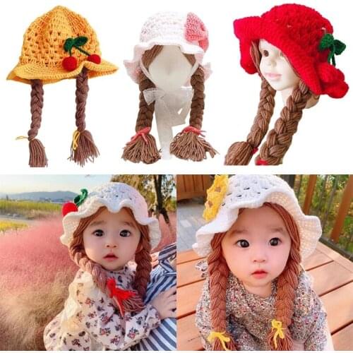 1 Pc Handmade Knitted Baby Girls Wig Hat Newborn Wigs Brades Kids Crochet Cap with Plaits Infants Photography Props Headwear