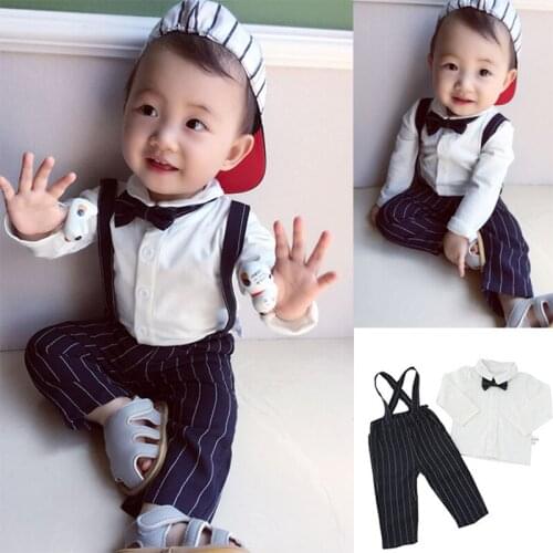 2021 New Gentleman Baby Boys Clothes Cotton Striped Pants + White Shirts + Bows 3pcs Sets Newborn Kids Infant Outfits BB242