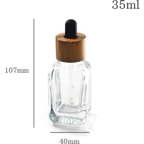 35ml Clear Rectangular Square Glass Dropper Bottles For Liquid With Container Bottle Packaging Bamboo Wood Lid Cap