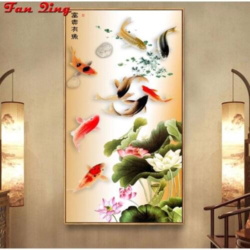 Diy Diamond Painting Goldfish And Lotus In The Lake Pictures Cross Stitch Full Round / Square Mosaic 5D Rhinestone Embroidery