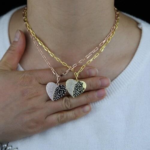 Rose Gold Color Thick Paper Clip Chain Rectangle Chains 5A Clear Cubic Zirconia CZ Paved Heart Pendant Necklace For Lover