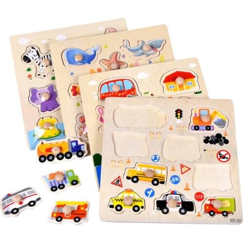 Kids Puzzles Board Toy Cartoon Animal Car Wooden Peg Puzzles Board Toddler Funny Preschool Educational Toy