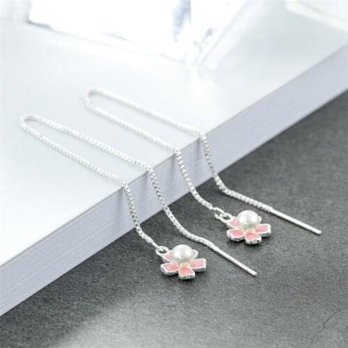 Sole Memory Long Tassel Ear Line Pearl Pink Petals Fresh Literary Cute 925 Sterling Silver Fashion Female Dangle Earrings SEA545