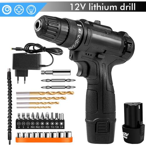 12V Hand Drill 1200 mAh Rechargeable Impact Cordless Screwdriver Two-speed Rechargeable Lithium Electric Drill Pistol Drill