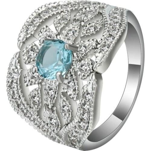Exquisite Vintage Lady Flower Sky Blue Rhinestone Rings for Women Engagement Jewelry Ring