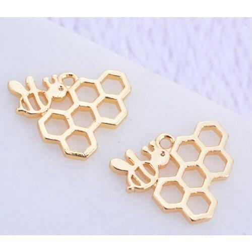 Julie Wang 4PCS Honeycomb Charms Hollow Hive Small Bee Insect Gold Color Pendant Bracelet Jewelry Making Accessory