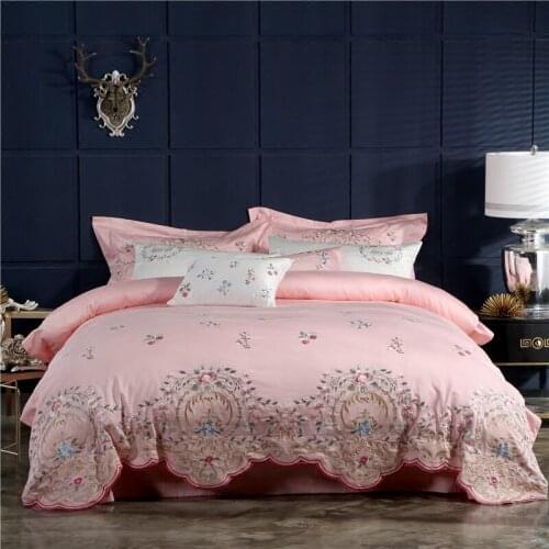 Nice Pink flower luxury Embroidery Royal Bedding set King Queen Egyptian Cotton Bed set Duvet cover bed sheet Pillowcase 4/6pcs