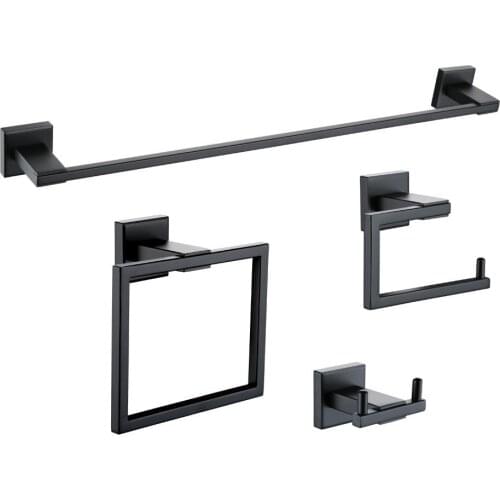 Matt Black Wall Mount Stainless Steel 4-Piece Bathroom Accessory Set Towel Bar Toilet Paper Holder Towel Ring and Robe Hook