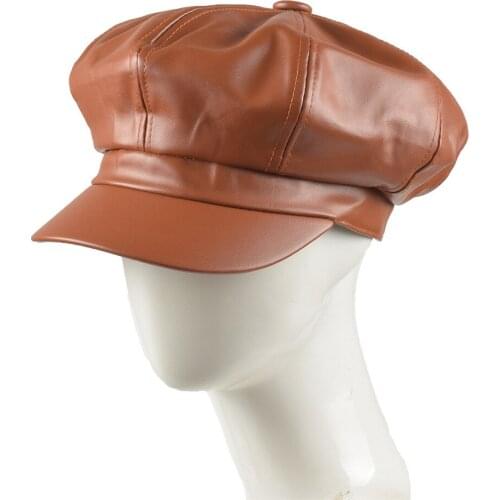 2020 New Fashion Octagonal Caps Women Solid Plain Newsboy Hats Vintage Women Solid Color PU Leather Hats Clothing Accessories