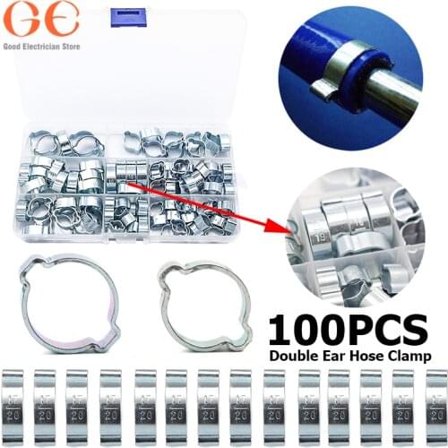 100PCS Zinc Plated Double Ear Hose Clamp 8Sizes 5-7/7-9/9-11/11-13/13-15/14-17/15-18/17-20mm pipe clamp spring clamp
