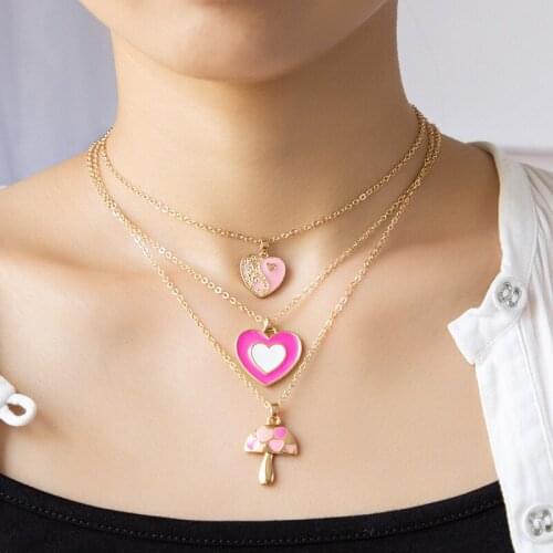 Pink Mushroom Pendant Necklaces Double-layer Love Necklace Drip Oil Heart Female Necklace Party Chain Birthday Gift Jewelry