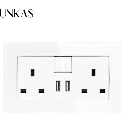 UNKAS Fast Charger Ports Plug wall socket Glass Panel 13A Double UK Standard Outlet Switched With 2.1A Dual USB Charger Port